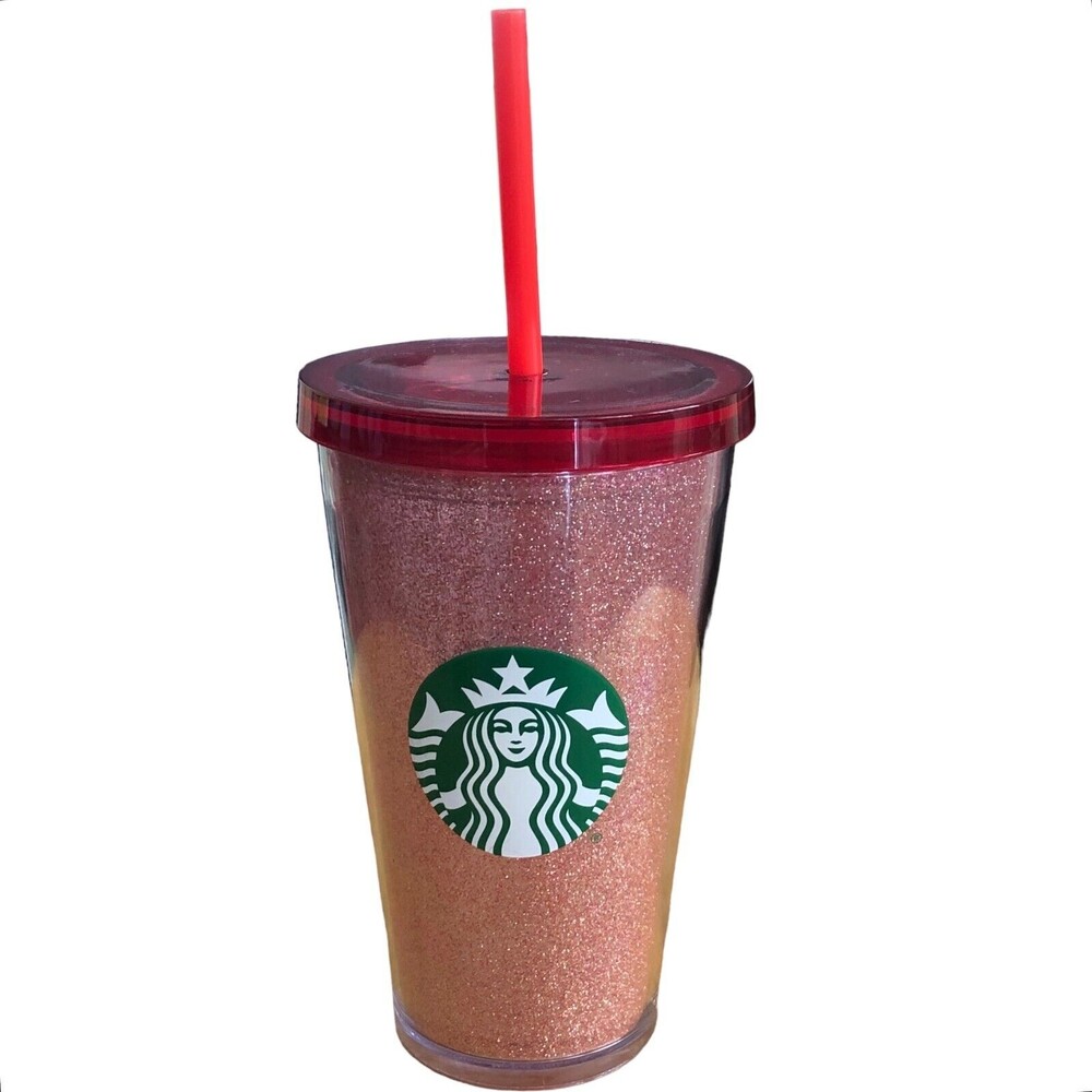 Starbucks 16oz Grande Cold Cup Tumbler Pink And Red Glitter Holiday 2014 NEW